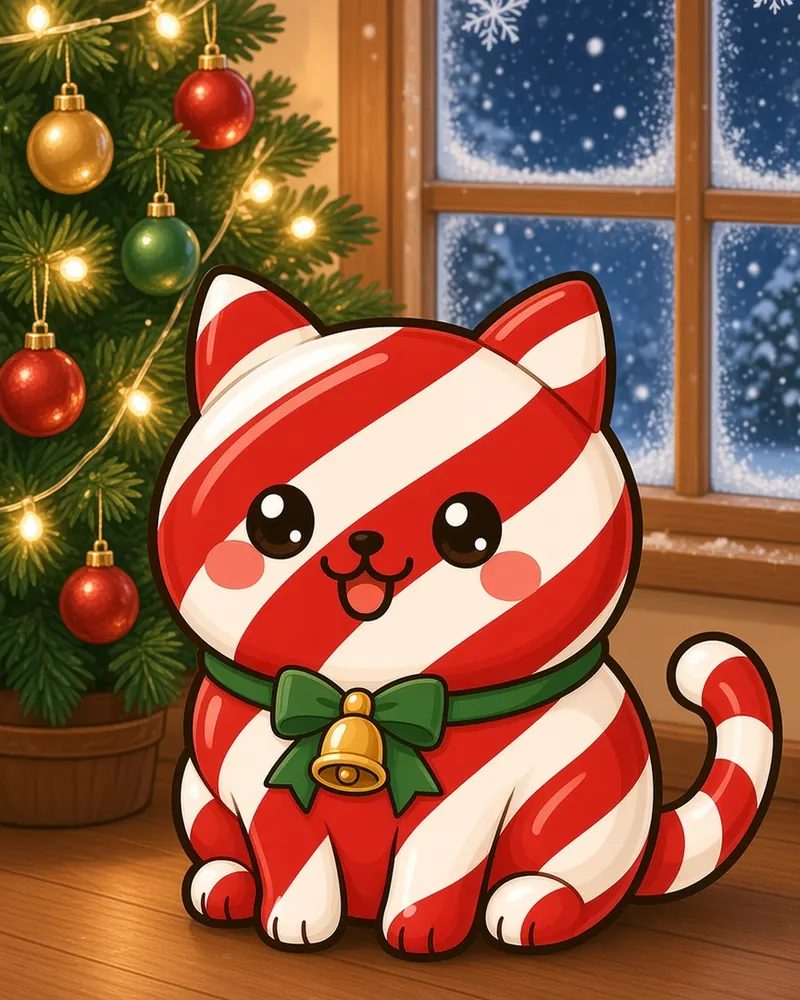 Candycanecat, a cartoon cat made out of a red and white striped candy cane with a green bow and a gold bell, sitting next to a decorated Christmas tree with snow falling outside the window