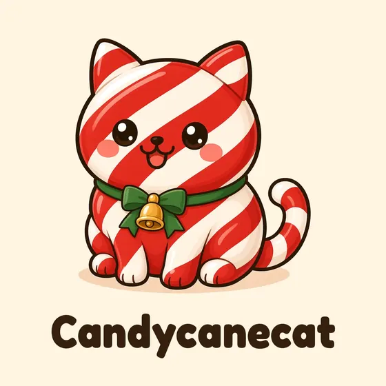 Candycanecat, a cartoon cat made out of a red and white striped candy cane, with a green bow collar and a little gold bell