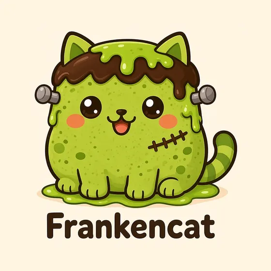 Frankencat, a cartoon cat made out of lime-green matcha sponge cake with a flat chocolate ganache fringe, two little grey candy bolts and a stripy green tail
