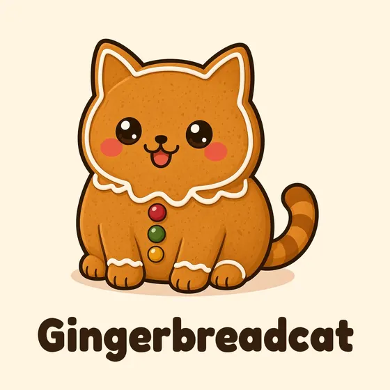 Gingerbreadcat, a cartoon cat made out of a gingerbread biscuit with white icing trim, rosy cheeks and three sweetie buttons down the front