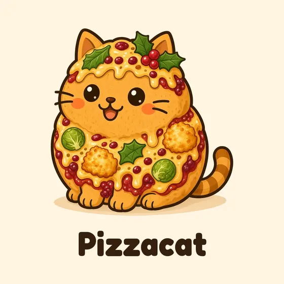 Pizzacat, a cartoon cat made out of a round pizza with melted cheese over its head, in its Christmas look topped with cranberry, sprouts and basil holly