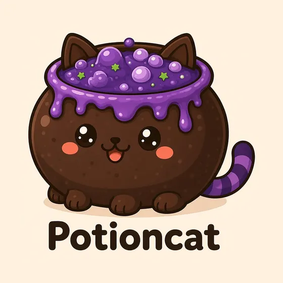 Potioncat, a cartoon cat made out of a chocolate pudding-pot cauldron brimming with bubbling purple blackcurrant potion, marshmallow bubbles and green sprinkle stars