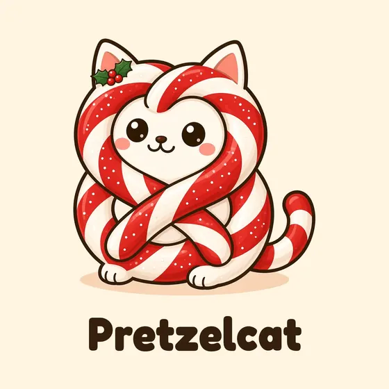 Pretzelcat, a cartoon cat made out of a soft pretzel knot, in its Christmas look with red and white stripes and a sprig of holly