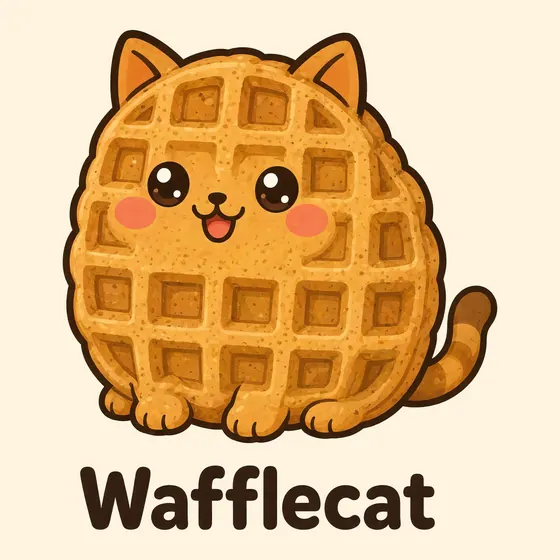 Wafflecat, a cartoon cat made out of a square golden waffle with a deep grid of pockets and a smiling face