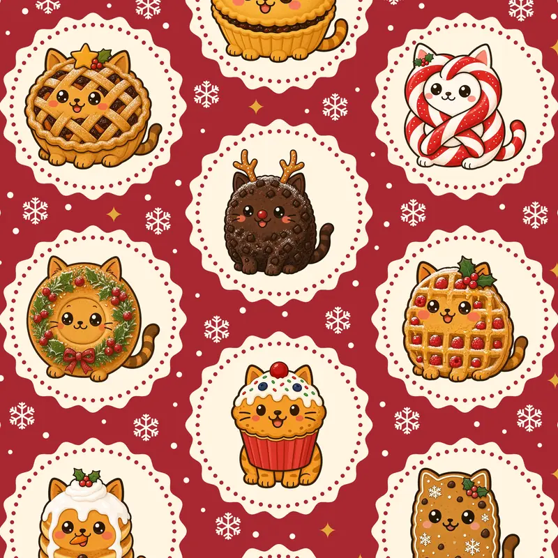 Cookie-Cutter Rounds pattern: little bakery cats in round frames on berry red